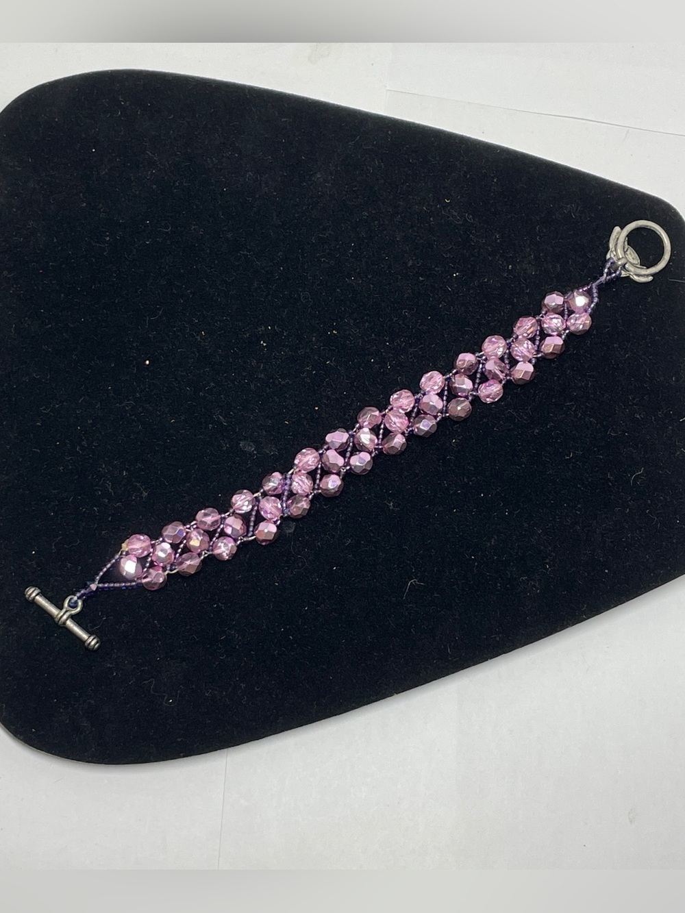 Handmade Iridescent Pink Purple Crystal & Seed Bead Cuff Bracelet Toggle Closure